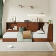 thumbnail image 3 of Euroco Wood Twin Bed Frame, Toddler Daybed with Upholstered Headboard and USB Charging Station, Floor Bed with Storage Bookcase, Walnut, 3 of 15