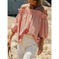 thumbnail image 2 of Niusricy Women Solid Basic Ruffled Blouse Ladies Elegant Off-Shoulder Boat Neck Shirts Half Puffy Sleeves Tunic Tee Loose Flowy Fit Tops Fashion Casua Streetwear for Shopping Holiday Leisure, 2 of 7