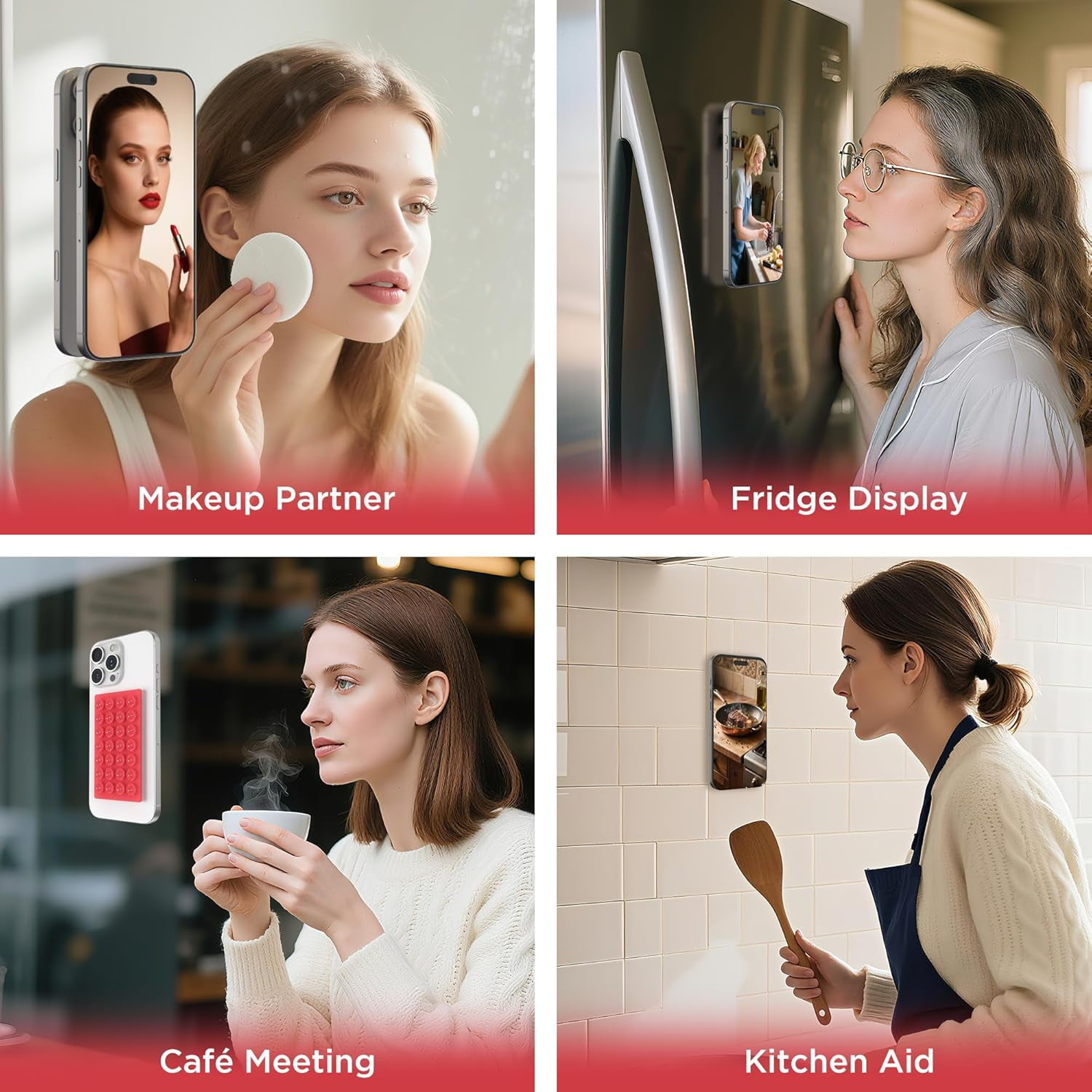 MKEUDQ-2 Pack Silicone Suction Cup Phone Case Mount Double-Sided, Hands-Free Strong Grip Holder for iPhone and Android, Sticky Phone Stand for Selfies and Videos, Red+Transparent