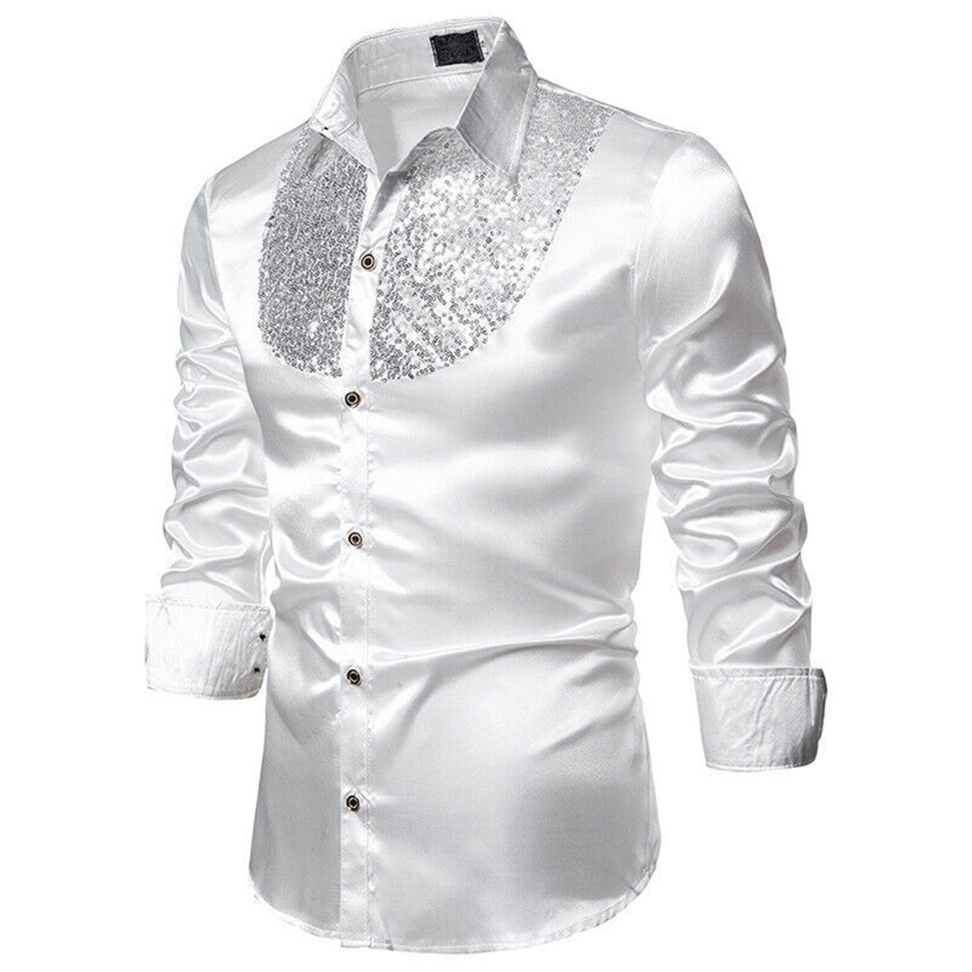 Men Formal Satin Shiny Silk Wedding Dress Shirt Slim Long Sleeve T ...