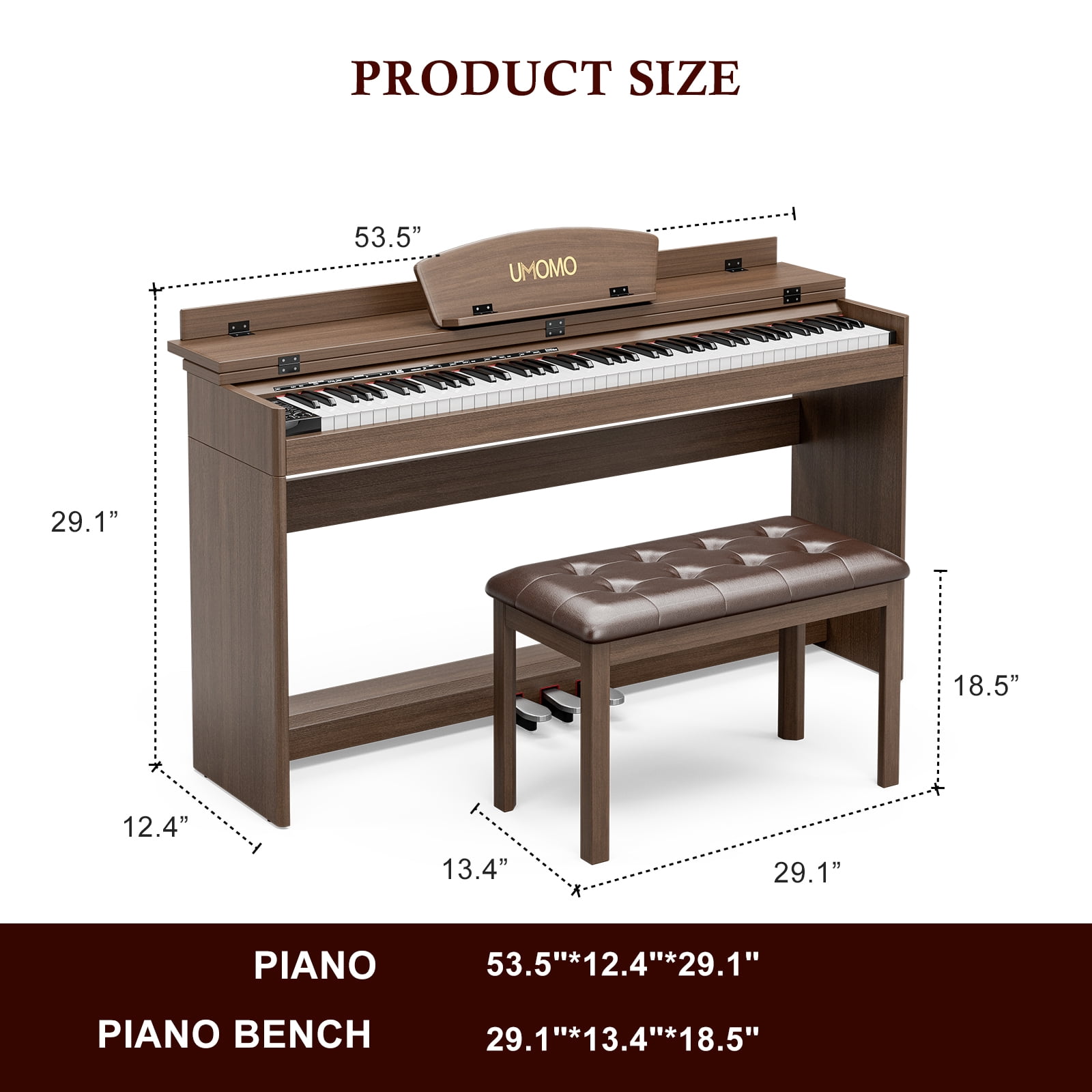 UMOMO 88 Key Digital Piano Keyboard with Piano Bench, Full Size Electric Piano with Piano Stand, Headphone Jack, 3 Pedal, Electronic Piano for Beginner, Adults, Brown