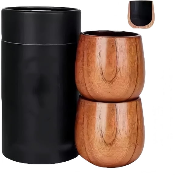 2 PCS Small Charred Wooden Whiskey Tumbler Set, Oak Bourbon Drinking Cup with Natural Grain, Reusable Drinkware for Home Kitchen Dining Birthday Gift