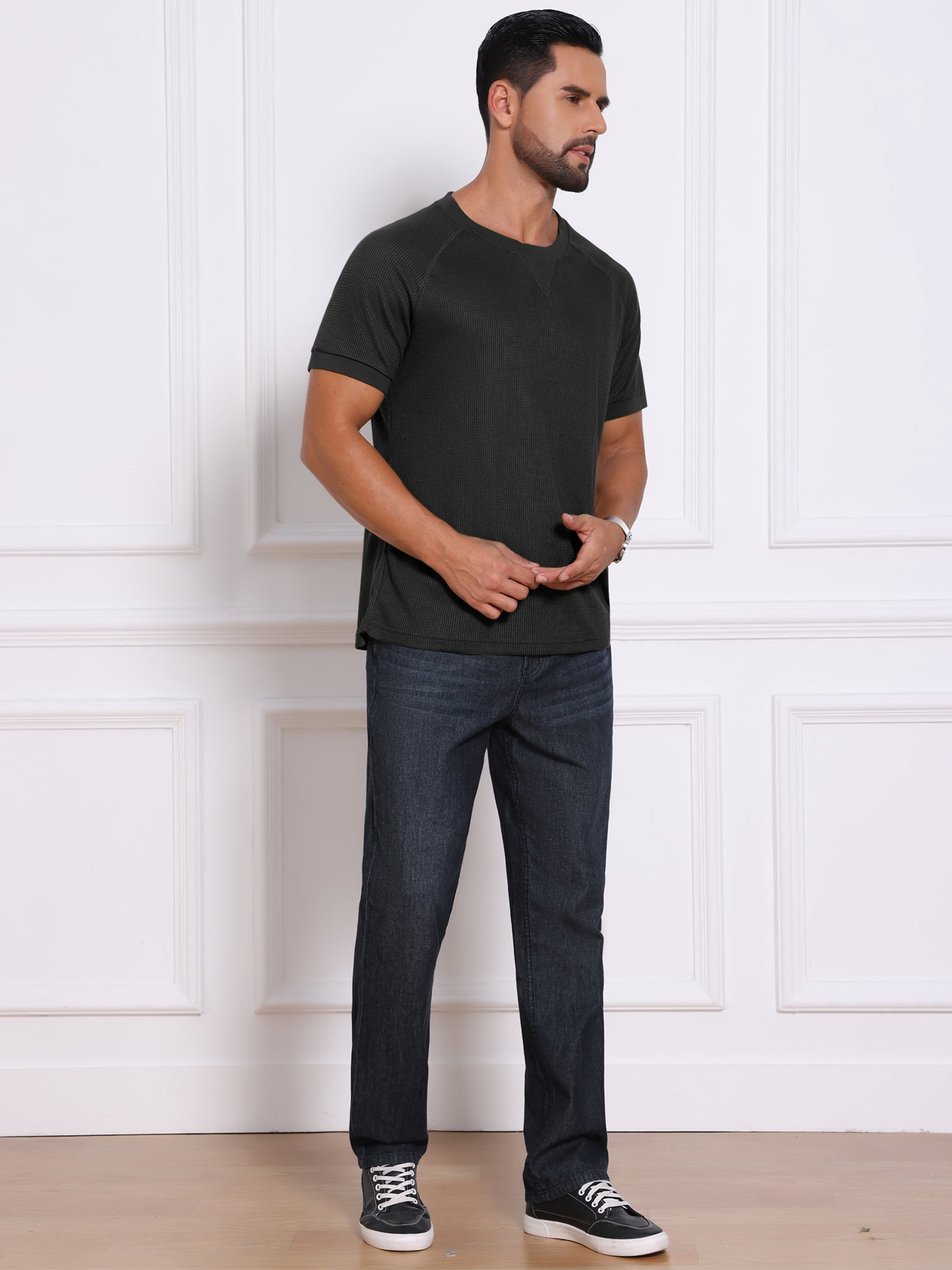 DARING DIVA Men's Waffle Fabric Classic Crew Neck Raglan Short Sleeves 2XL Black