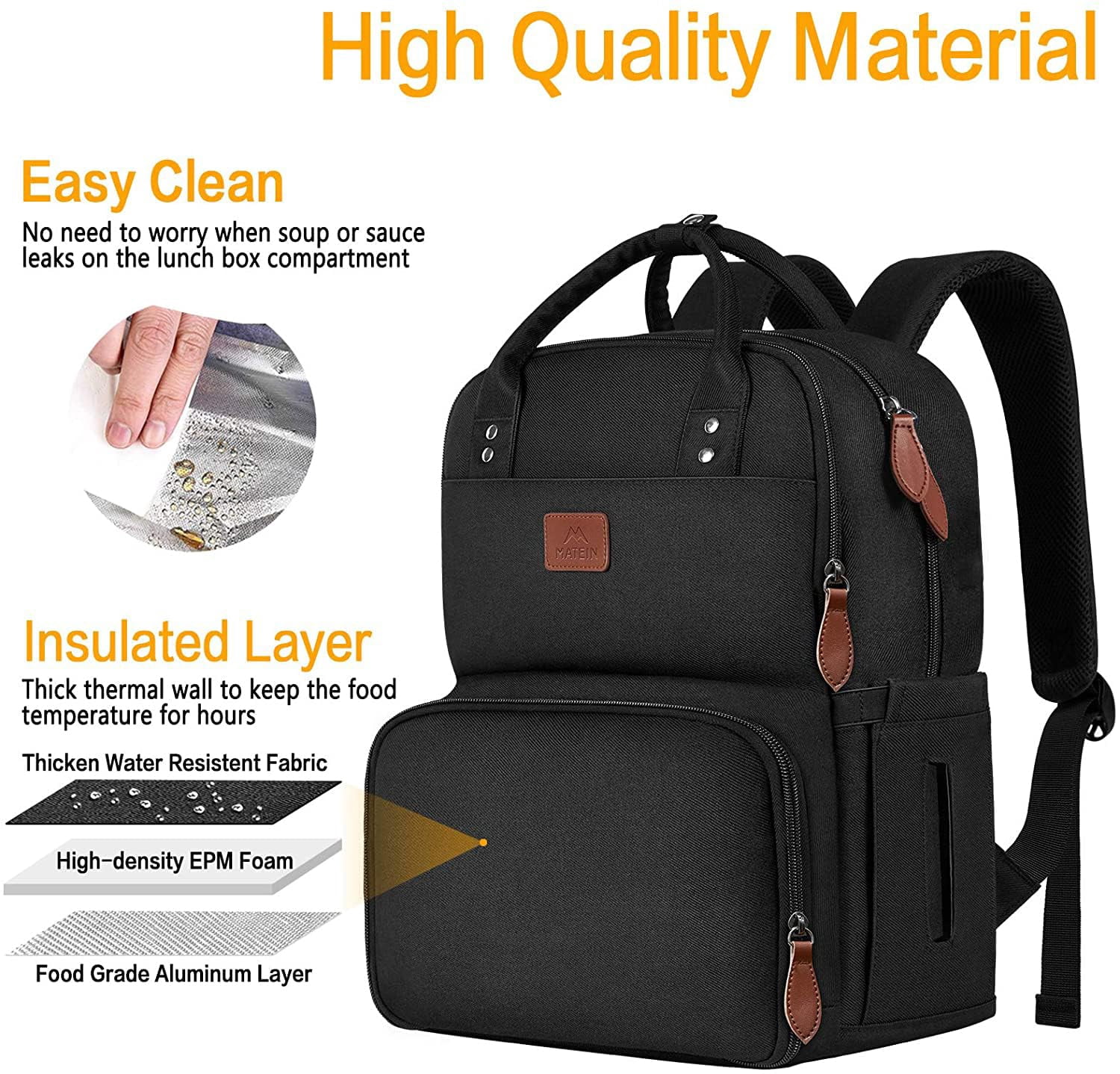 Matein 15.6in Laptop Backpack, Insulated Cooler Work Backpacks with Lunch Box for Men Women, Black