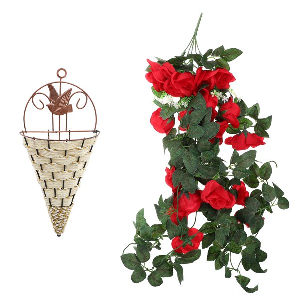 1 juego de flores artificiales colgantes con cesta, rosas falsas para jardín.