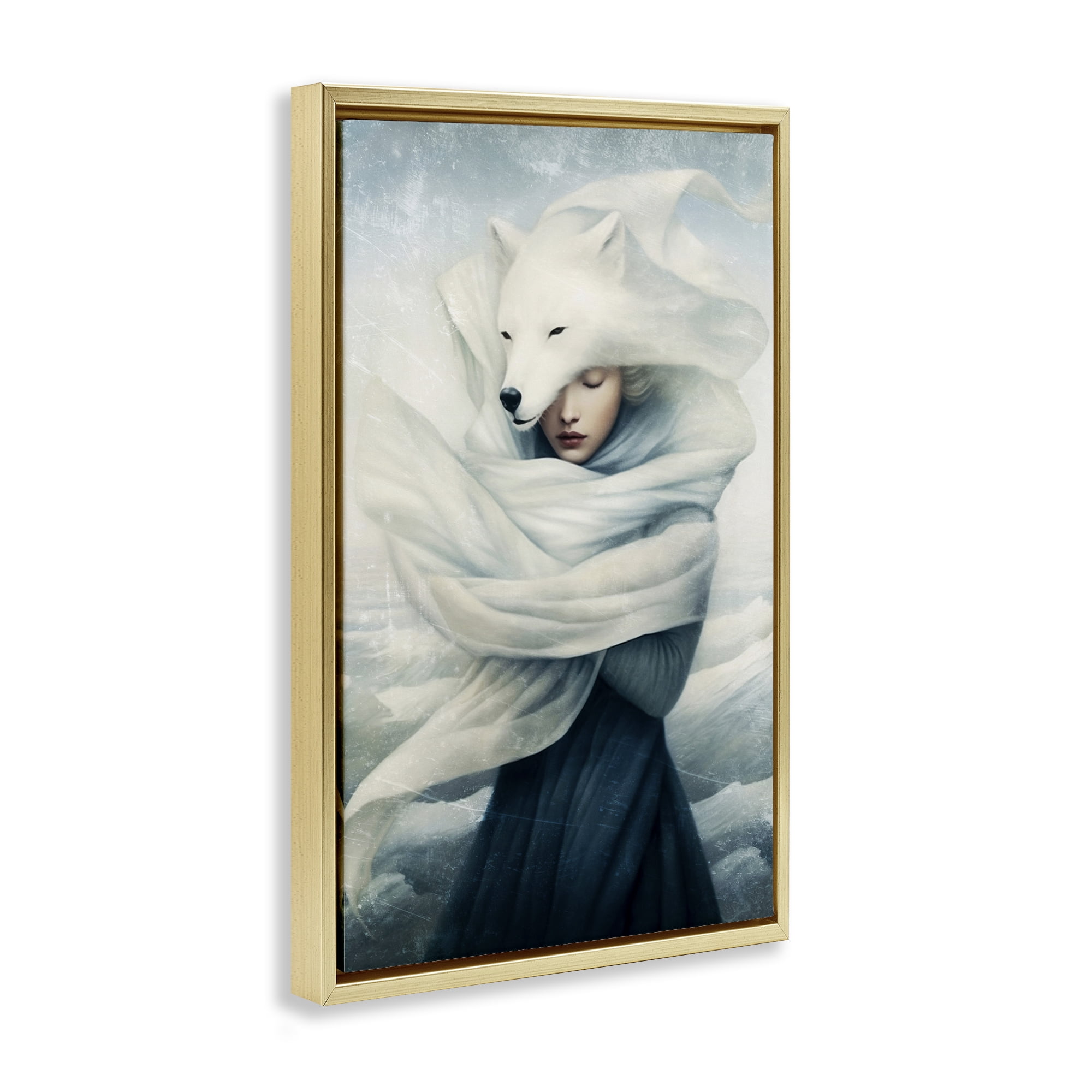 Stupell Industries Wolf Swathed Woman People Painting Gold Floater Framed Canvas Art Print Wall Art, 21 x 31
