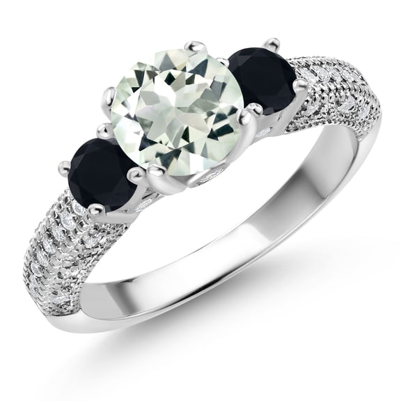 Gem Stone King 925 Sterling Silver Green Prasiolite Black Onyx and White Moissanite Engagement Ring for Women (1.62 Cttw, Gemstone, Round 7MM and 4MM, Size 7)