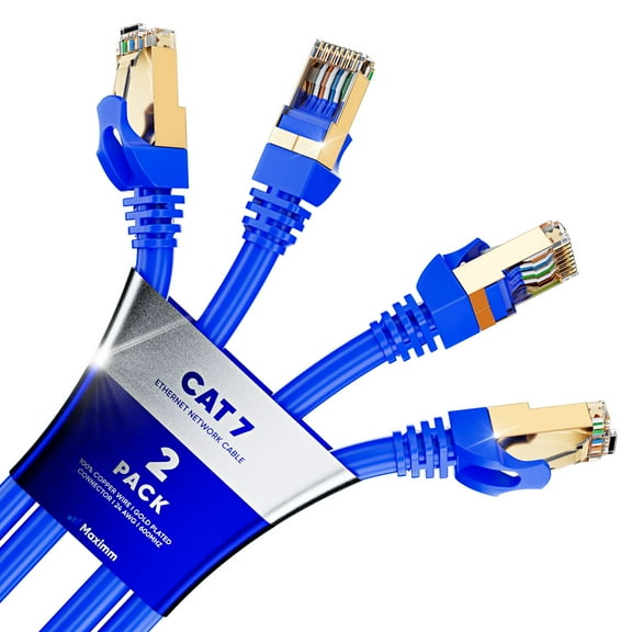 Maximm Cat7 Ethernet Cable - 15FT - 2 Pack - Blue - 10Gbps - 600Mhz High Speed Double Shielded, Patch and Network Cable