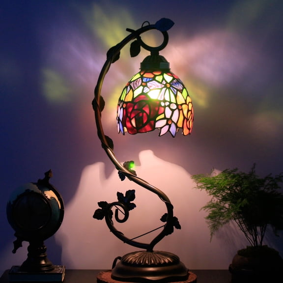 Rose Bedside Lamp, Tiffany Table Lamp with Stained Glass Shade Reading Desk Light 21" Tall Metal Leaf Thin Rustic Industrial Base for Lover Girlfriend Bedroom Living Room WERFACTORY LED Bulb Better