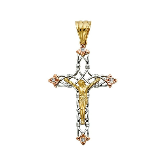 14K Tri Color Gold Cubic Zirconia Religious Crucifix Charm Pendant for Necklace Chain | Jewelry Gift for Men Women | 48 x 33 MM | 5.4 grams