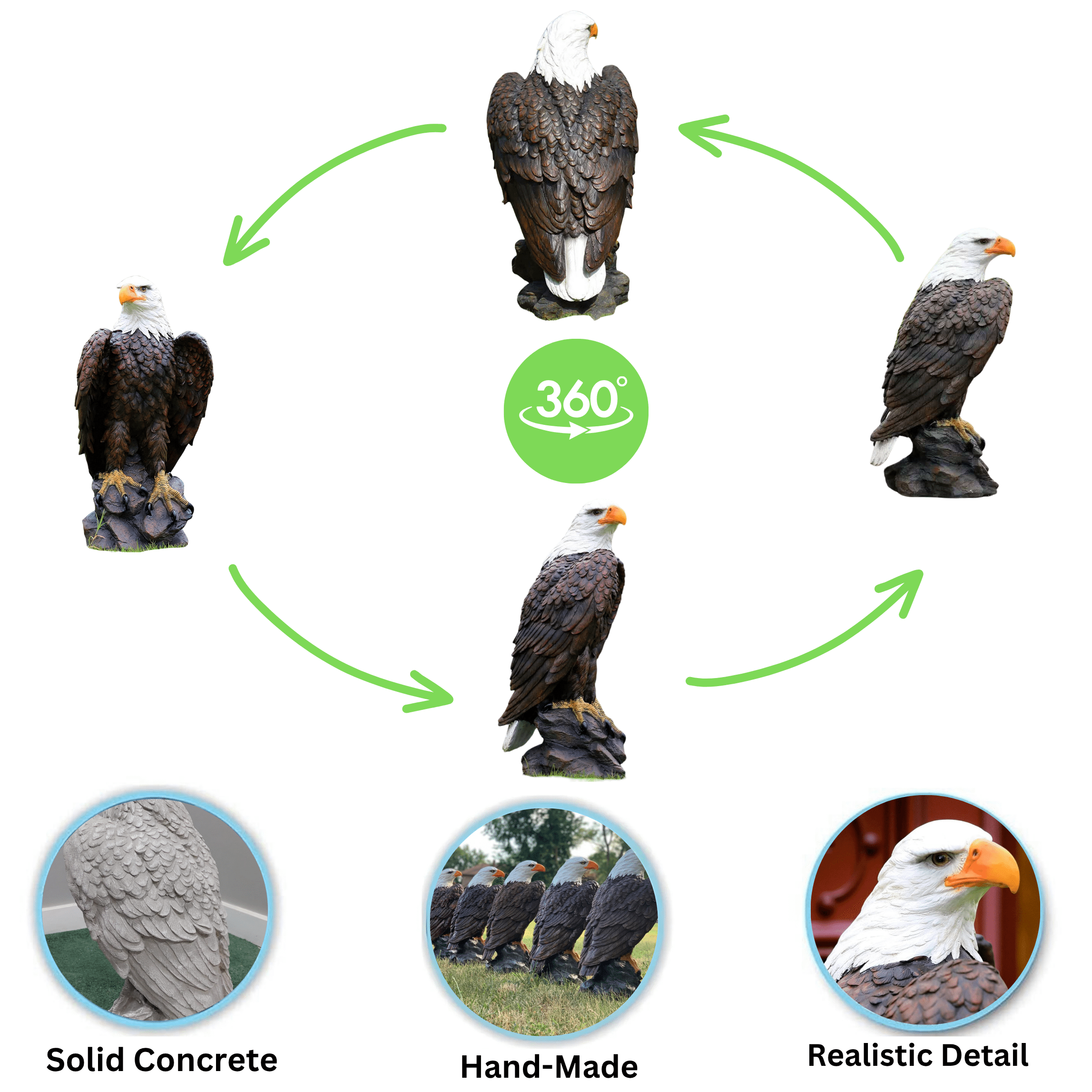 Ur Home Decor LLC 24" Solid Concrete Bald Eagle Garden Statue, 70 lb Outdoor Patriotic Yard Decor