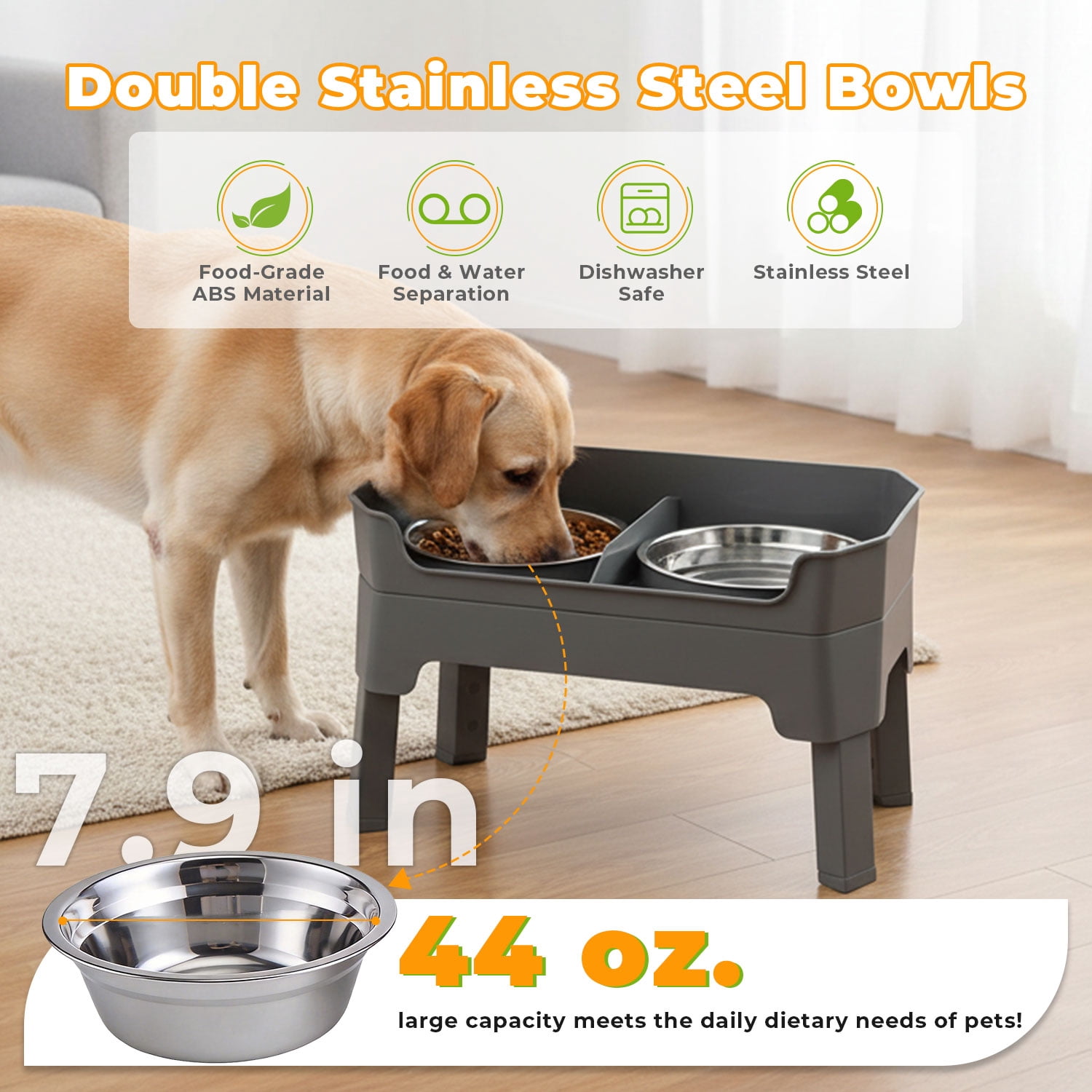 Adjustable Elevated Dog Bowls with Stand, 4 Height Settings, Double Stainless Steel Bowls with Raised Splash Guard, Feeding Station with Licking Tray