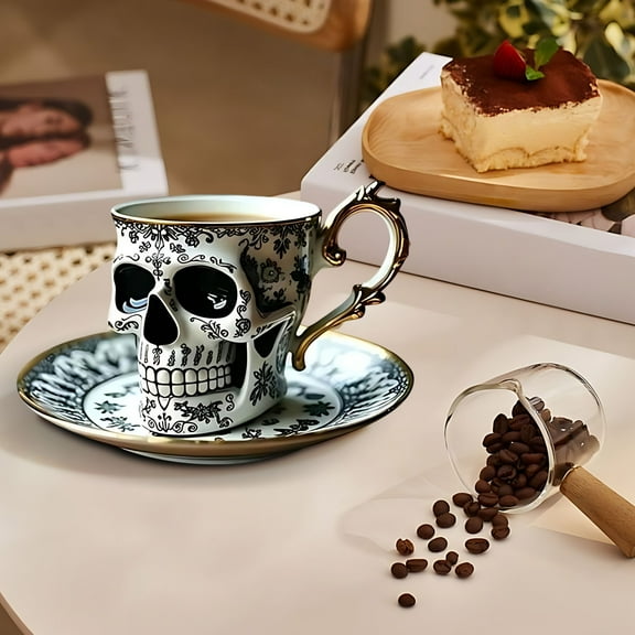 Skull Coffee Mug, Gothic Porcelain Cup and Saucer with Gold Trim, Spooky Ceramic Novelty Drinkware, Halloween Gift Goth Home Decor Barware