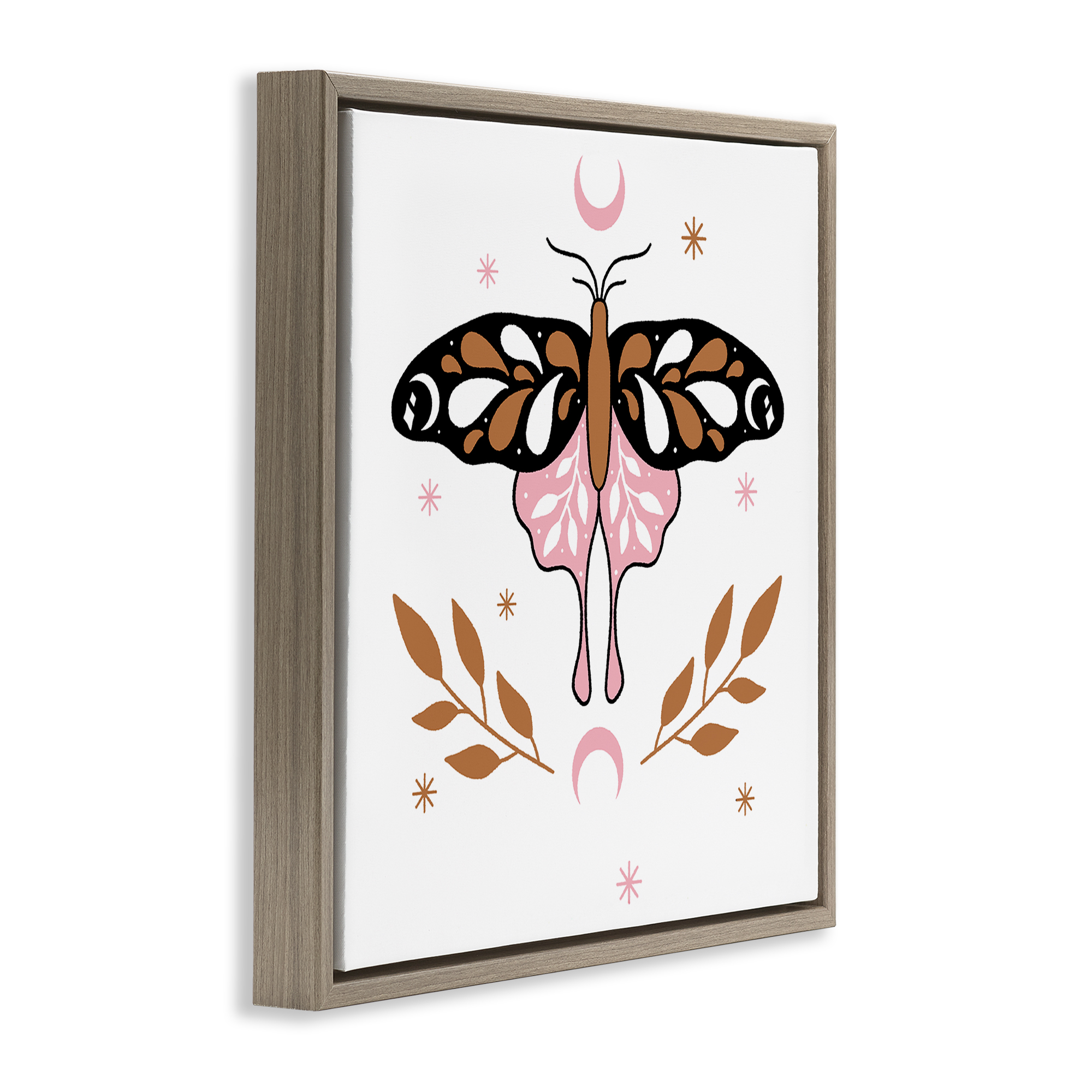 Stupell Industries Moth & Crescent Moons Animals Painting Brown Floater Framed Canvas Art Print Wall Art, 25 x 25