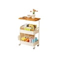 thumbnail image 1 of Ourlova 3-Tier Rolling Cart With Wooden Tabletop Utility Cart With Lockable Wheels Multipurpose Storage Organizer Trolley For Kitchen Office Bedroom Sturdy Metal Frame For Small Spaces Easy Assembly, 1 of 10