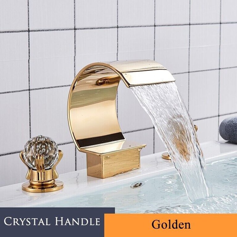 Waterfall Bathroom Sink Faucet 8\" Widespread Bathtub Basin 3 Hole Gold Mixer Tap