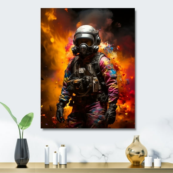 Designart "Street Soldier Urban Rebellion Art" Pop Art Metal Wall Art, Orange Metal Wall Decor, Glam Metal Art Decor For Entryway - 16x32 Inch