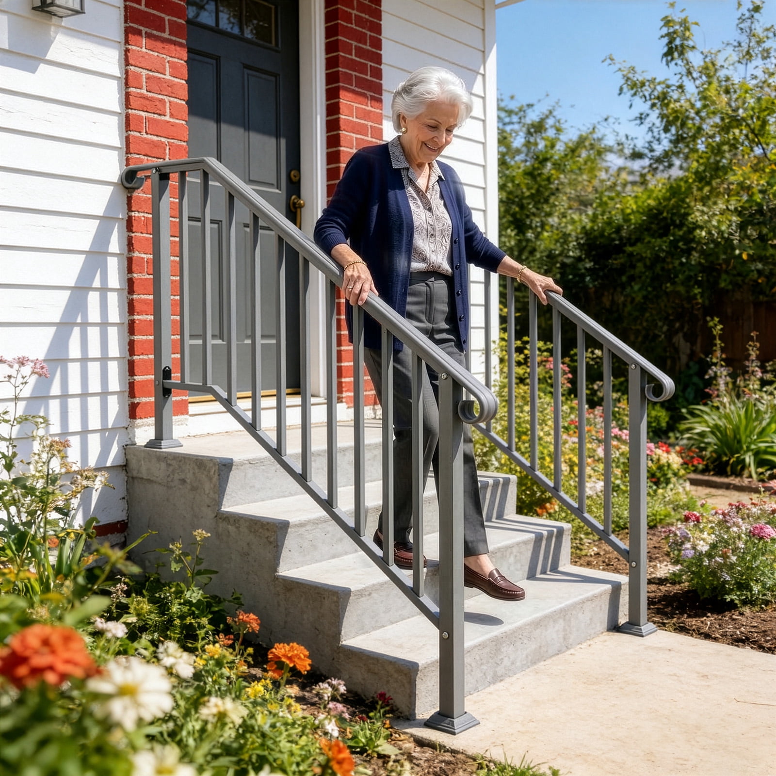Silver Powder Coated Galvanized Iron Stair Handrail Curved Step Railing Fit 4-5 Steps Outdoor Garden Safety Iron Picket Rail With Installation Hardware