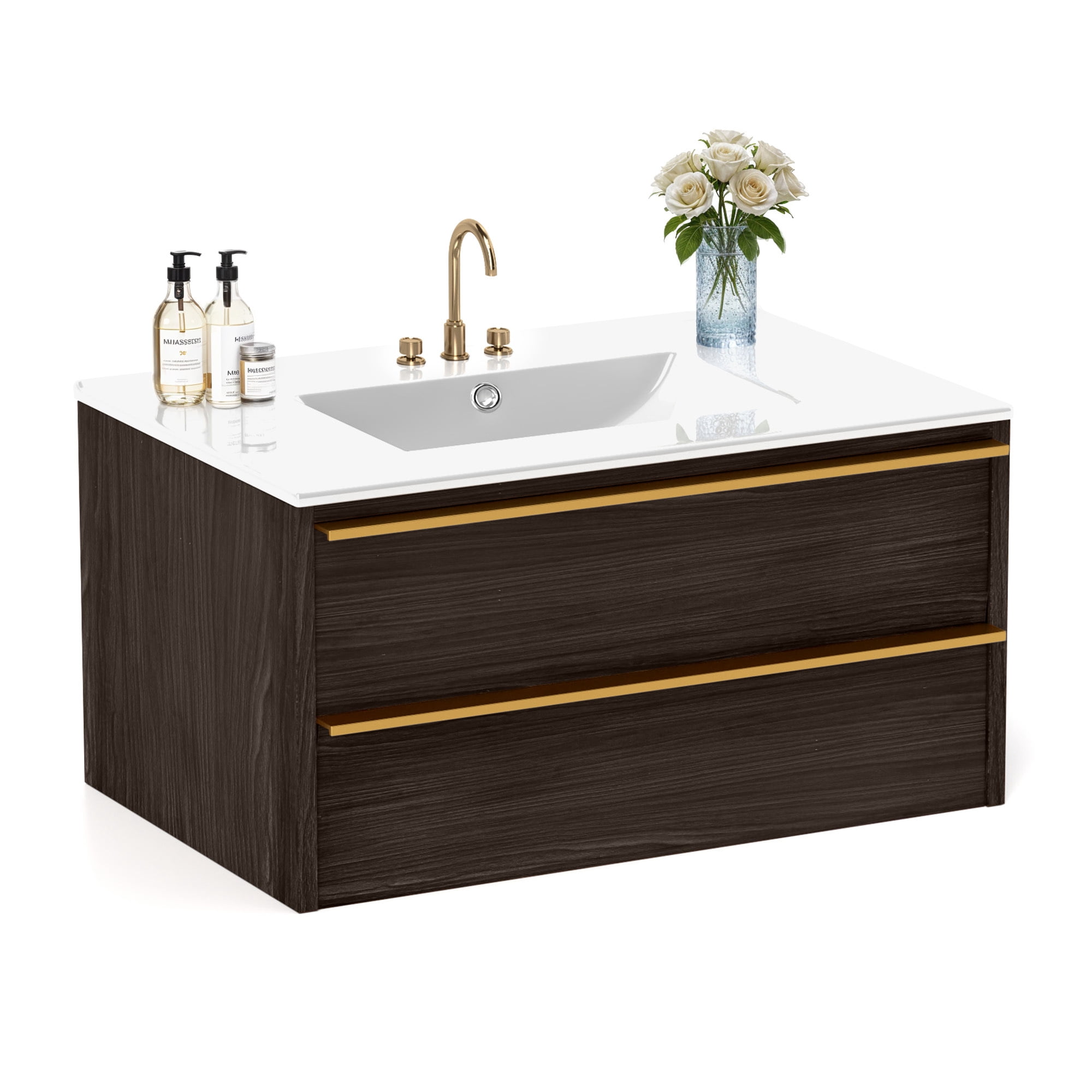 Uforic 36" Bathroom Vanity Floating Wall Mounted Single 2 Drawers, Ceramic Vanity Tabletop, Bathroom Cabinet with Storage Cabinet for Washroom, Black and White