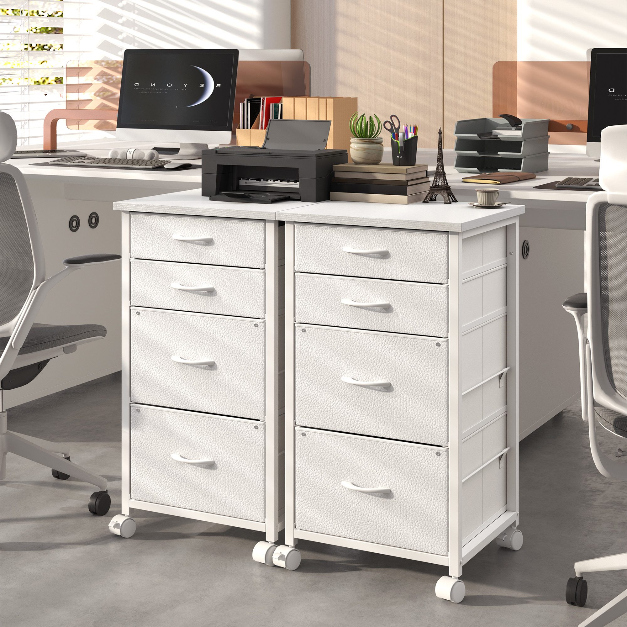 Romorgniz 4 Fabric Drawers Mobile File Cabinet Desk Table Cabinet Fits A4/Letter Size Printer Stand for Home Office，White