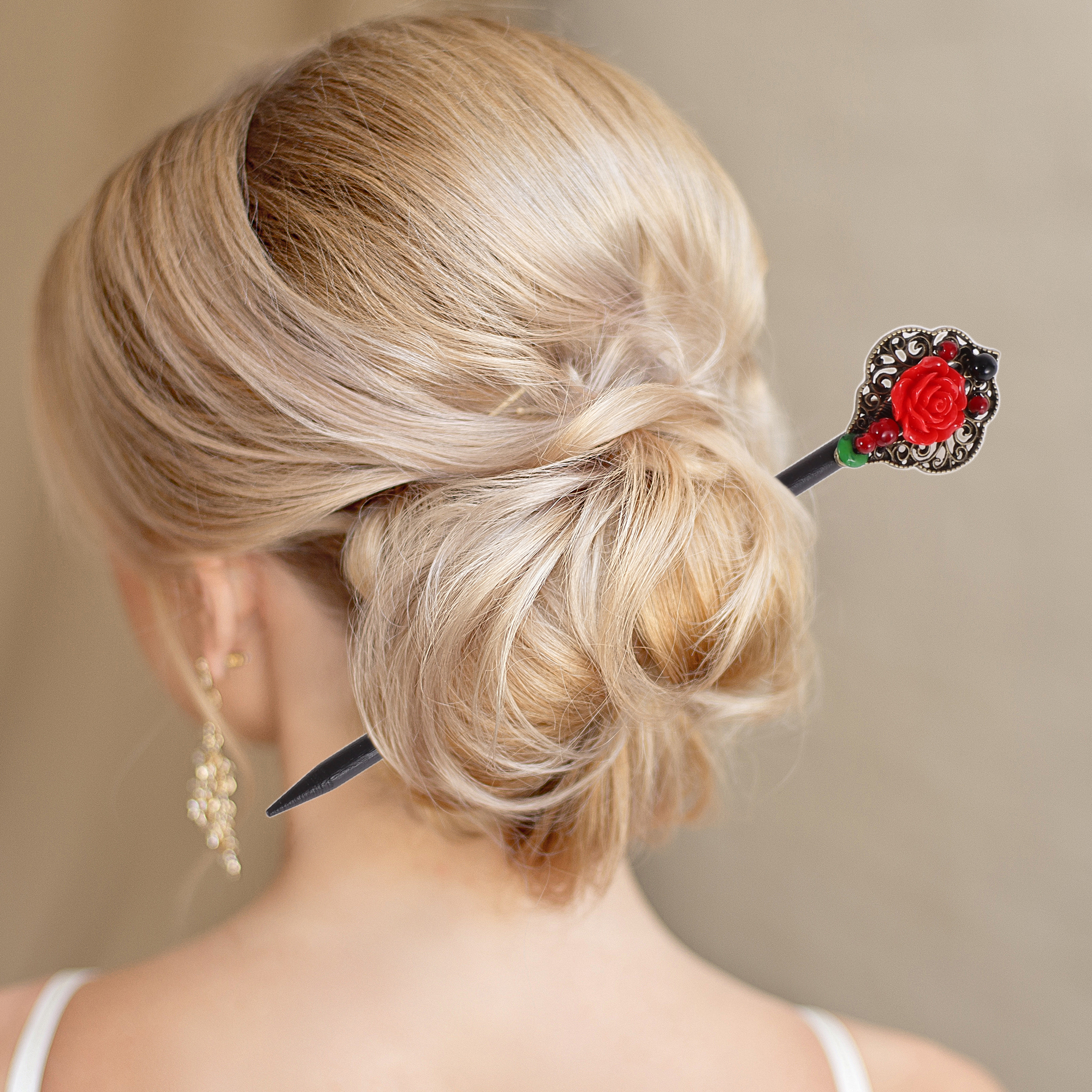 Unique Bargains Hair Chopstick for Women Black Red 1 Pc [Rose]