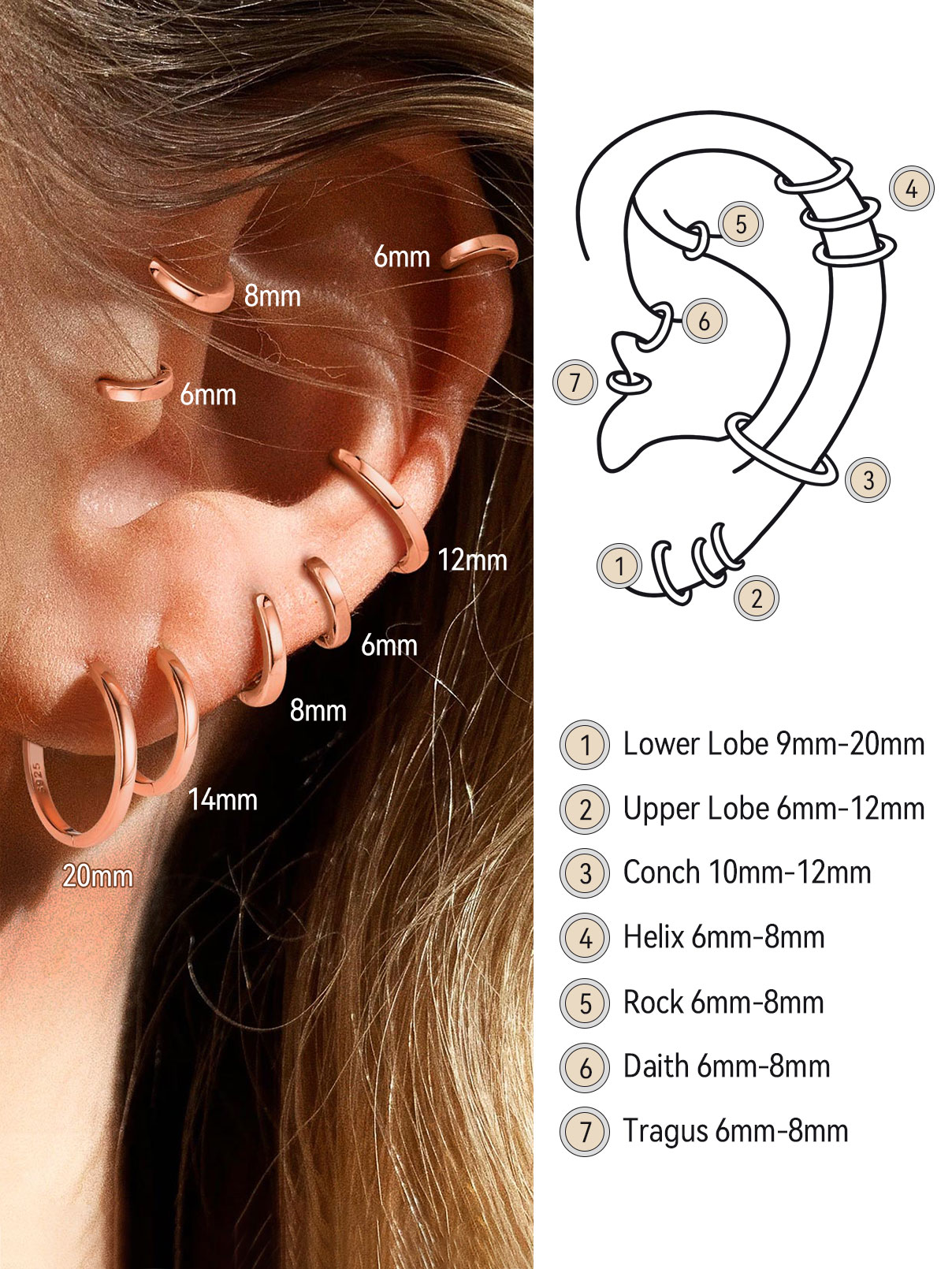 FaithHeart Sterling Silver Huggie Hoop Earrings for Women, Hypoallergenic Lightweight Small Cartilage Earrings Cuff Tragus Rose Gold Plated Hoop Earrings for Daughter Birthday Jewelry Gift 6mm