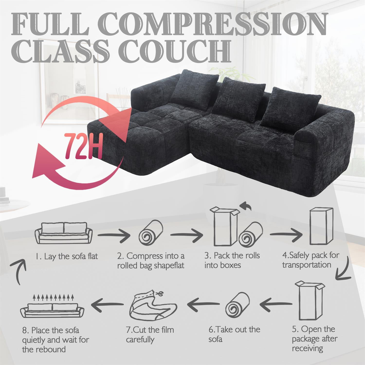 Demi Bonn 98" L-Shaped Modular Sectional Sofa with Chaise, Side Pockets, Modern Comfort Couch, Compression-Free Installation for Living Room, Black