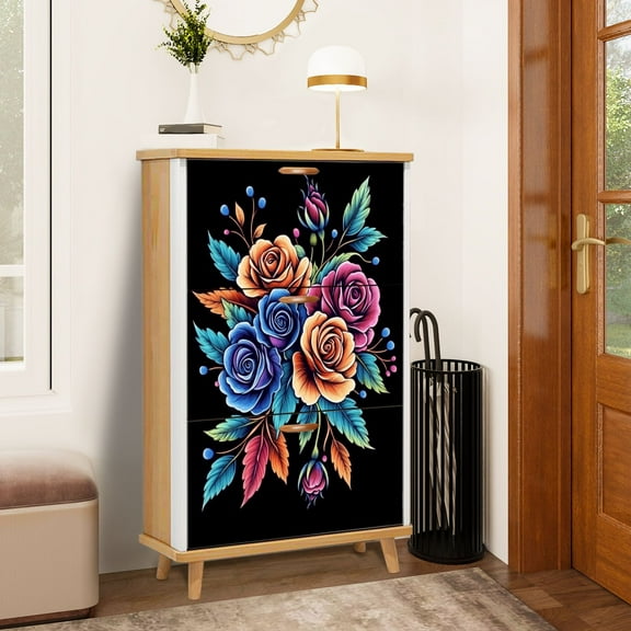 Shoe Storage Cabinet with 3 Flip Drawers for Entryway Roses Leaves Floral Clusters Botanical Elements Black Hand drawn Shoe Rack Storage Organizer