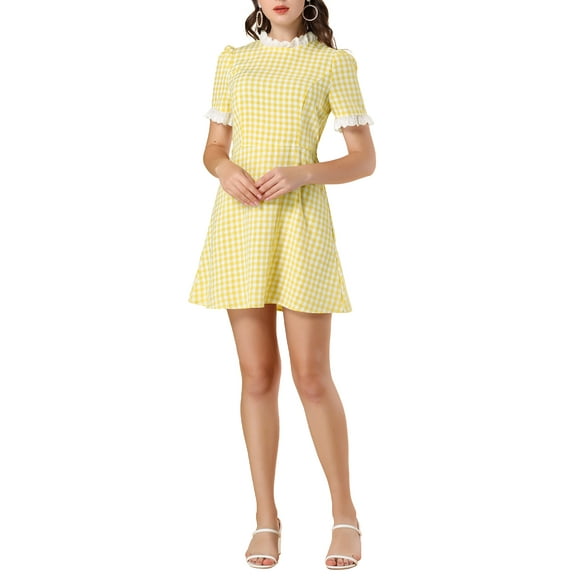INSPIRE CHIC Women's Ruffle Neck Contrast Panel Color Vintage Short Sleeve Dresses XS Yellow