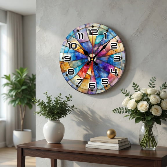Rainbow Stained Glass Wall Clock Round Mdf, Abstract Colorful Decorative Clock, Boho Home Decor Gift For Women, Housewarming