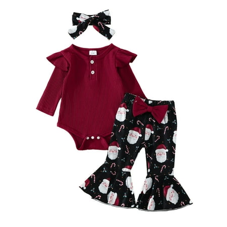

Girl s Clothes Outfits Casual Baby Toddler Kids Sets Long Sleeve Christmas Ribbed Romper Bodysuit Cartoon Prints Bell Bottoms Pants Headbands Comfortable Outerwear Suits Red 0-3 Months