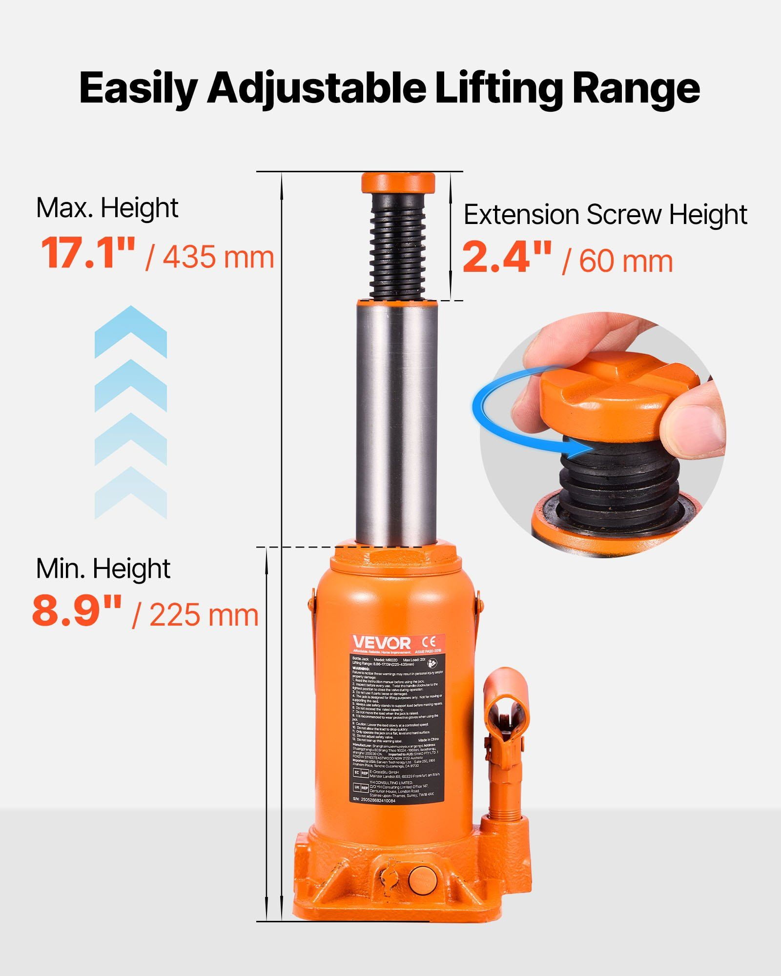 CAFORKP 20 Ton Hydraulic Bottle Jack, 44092 lbs Capacity, 8.9-17.1 Inch Lift Range, Heavy Duty Welded Design for Cars, SUVs, Pickups, Agricultural Equipment & House Lifting - Orange