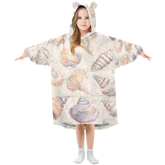 FORMRS Wearable Blanket Hoodie with Sleeves for Kids Cozy Flannel Sweatshirt, Orange Watercolor Seashells