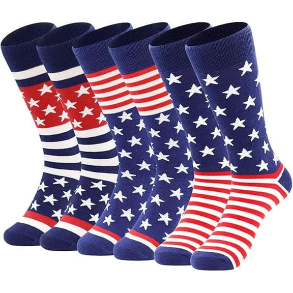Patriotic Crew Dress Socks, American Flag Blue with Red & White Stripes Cushion Athletic Fit Socks 3Pack