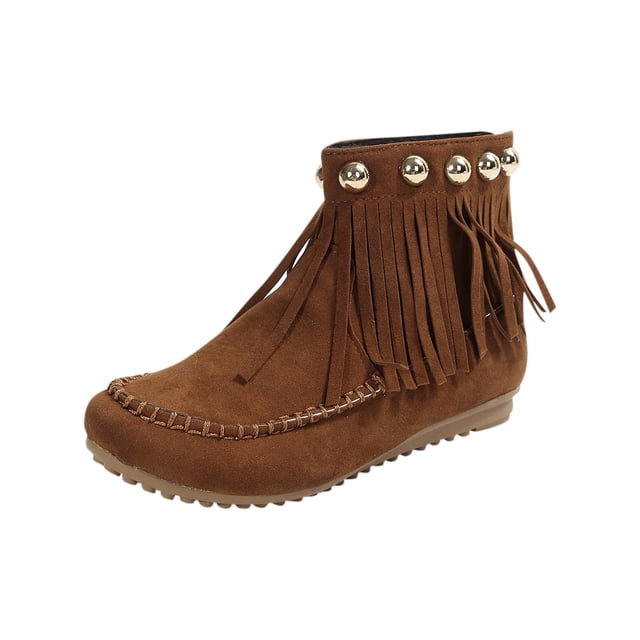 Xfvqtps Bottines pour Femmes à Enfiler Plates en Suède avec Détail Franges à Pampilles Confortables Bout Rond Bottes d'Hiver Mode Décontractée Boho Brun