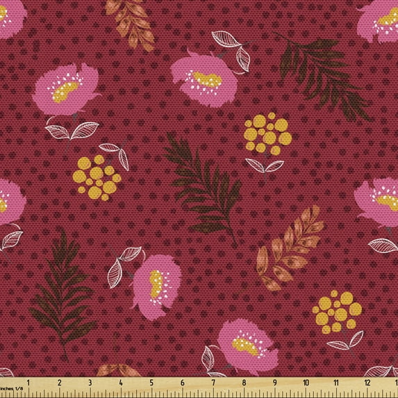 Floral Fabric by the Yard, Illustration of Flowers Forest Leaves and Polka Dots, Decorative Upholstery Fabric for Chairs & Home Accents, Ruby Pink by Ambesonne