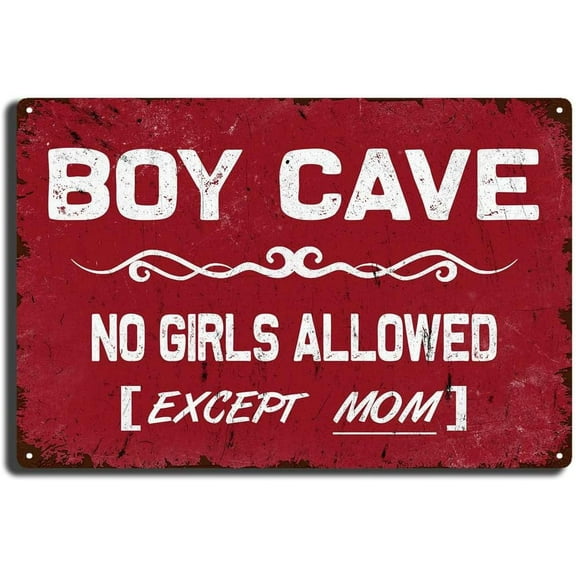 Tin Sign Painting Boy Cave Metal Sign No Girls Allowed Except Mom Sign Boy Room Wall Door Sign Decor for Teen Boys Bedroom Door Wall Decoration 8.00" x 12.00" Tin Painting