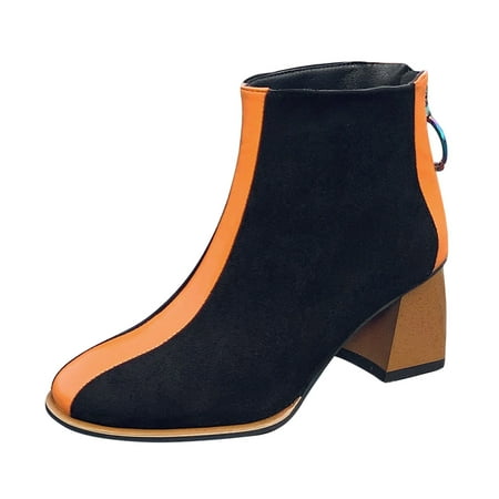 OJSFQUFP Women Ankle Boots Ladies Fashion Retro Suede Panel Back Zipper Thick High Heel Ankle Boots Comfortable Fall Shoes Riding Boots Black 39