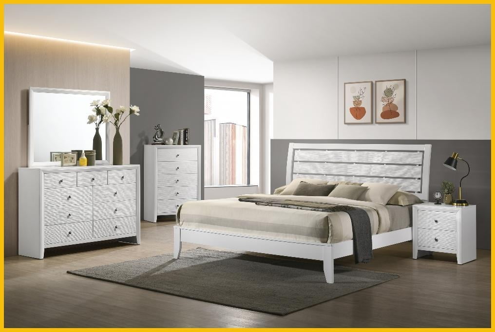 King Size Wooden Bed Frame with Softly Curved Headboard Geometric Design White Finish for Bedroom