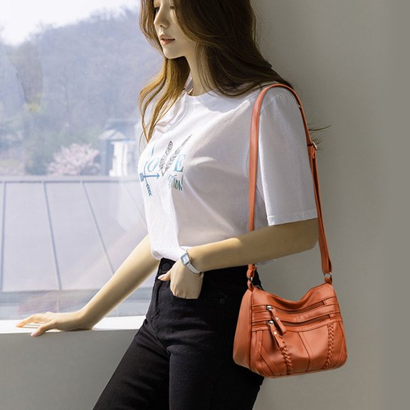 JingChun Women Soft Washed Leather Shoulder Bag Multi-Zip Spacious Large Capacity Handbag for Daily Use Travel Work Shopping Necessity