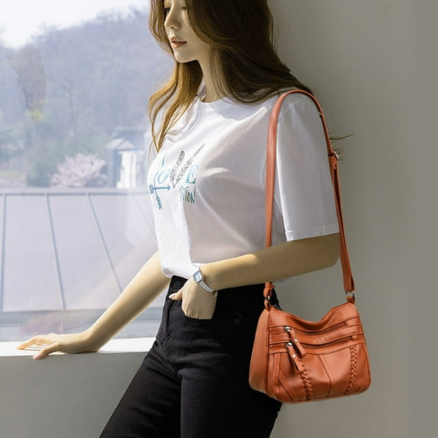 Ovzne Women Soft Washed Leather Shoulder Bag Multi-Zip Spacious Large Capacity Handbag For Daily Use Travel Work Shopping Necessity On Clearance