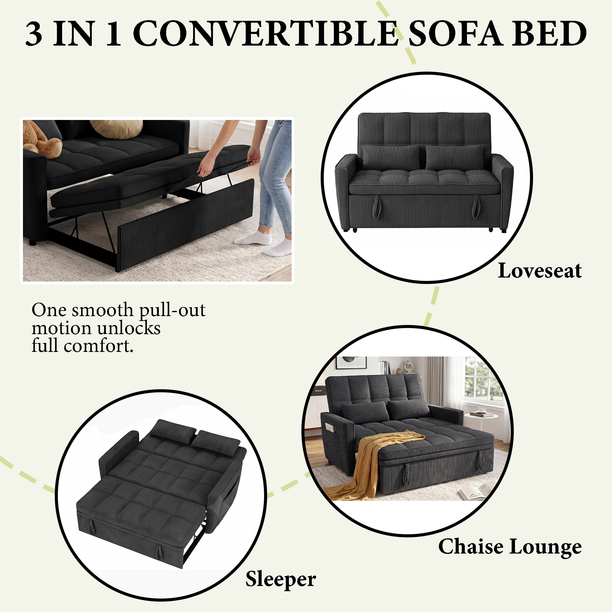 WAKEFIT 54" Pull-Out Sleeper Sofa Bed,3-in-1 Convertible Loveseat Couch with Adjustable Backrest for Small Living Room,Corduroy,Black