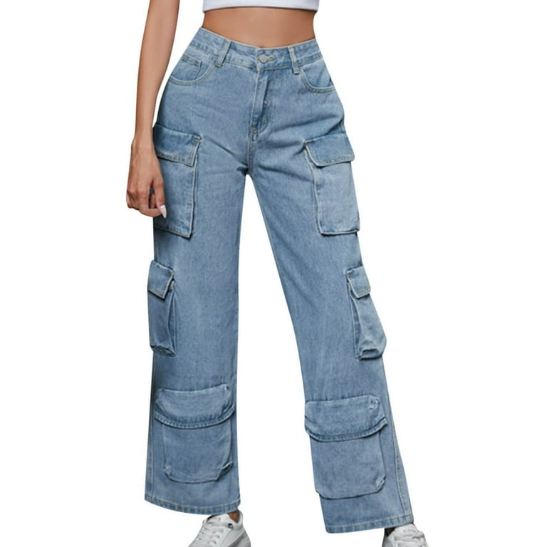 TrendVibe365 Womens Cargo Denim Pants with Pockets Solid TrendVibe365 Womens Cargo Denim Pants with Pockets Solid