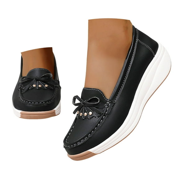 IUJSOY Platform Loafers for Women Bow Penny Loafers Slip on Walking Shoes Wedges Nursing Shoes