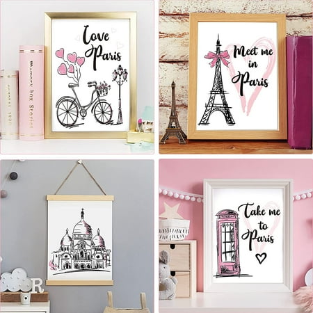 4 Pieces Paris Wall Art Prints, Pink Eiffel Tower Telephone ...