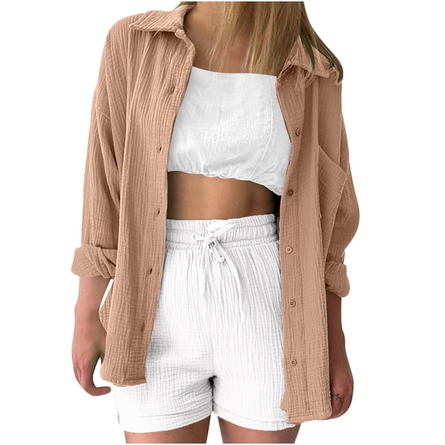 Yuyuzo Button down Shirts for Women Long Sleeve Collared Casual Loose Textured Oversized Blouses