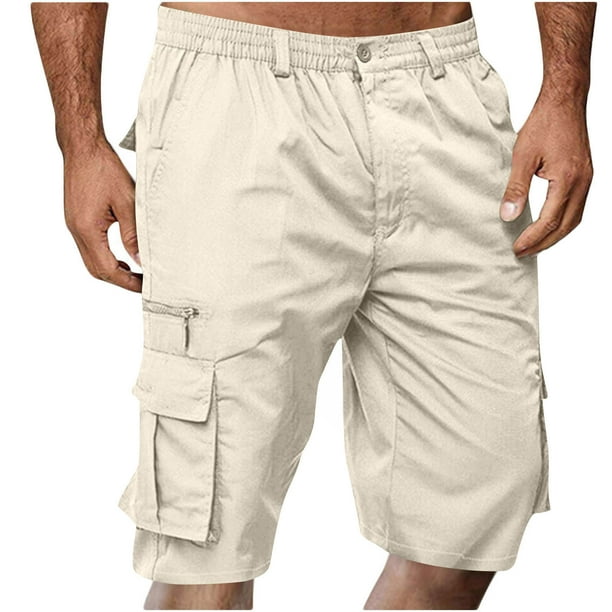 Ceisia Men's Solid Color Cargo Shorts, Multi-Pocket Elastic Waist Button Fly Casual Shorts for Men Beige L Gifts