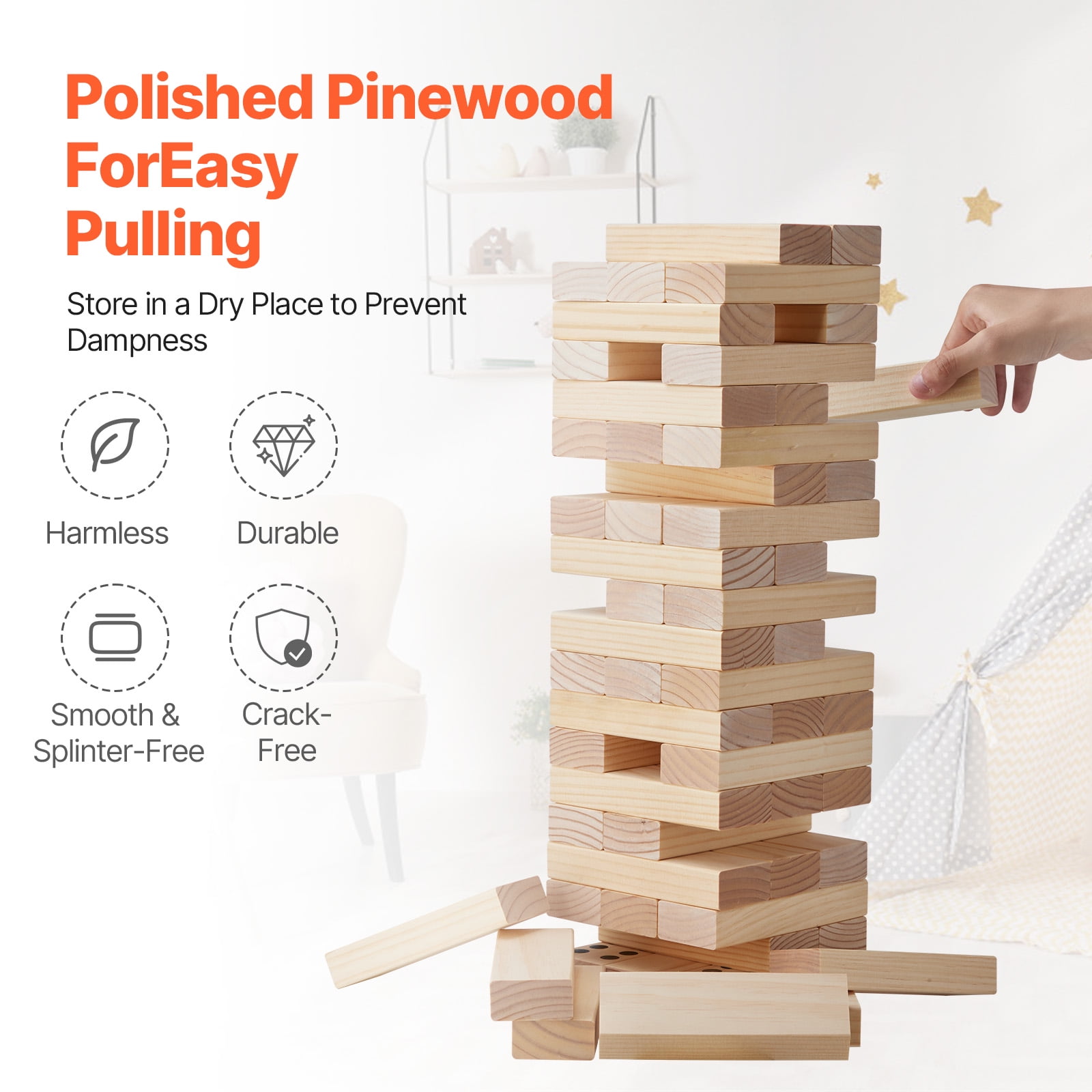 KFFKFF Outdoor Game Giant Tumble Tower, Set of 60 Giant Tower Blocks, Crafted from Pine Wood, Comes with Portable Bag and Scoring Board, Wooden Pile-Up Game, Ideal for Family Fun Indoors/Outdoors