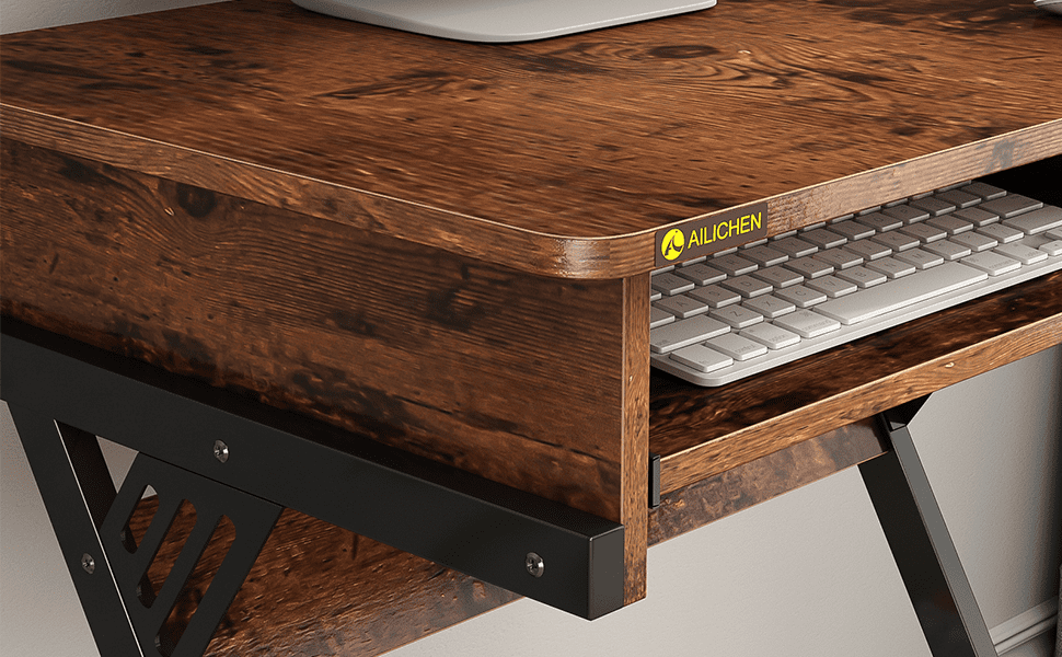 NEWSENDY Mobile Computer Desk with Pull-out Keyboard Tray & Lower Storage Shelf – Rustic Wood Finish Sturdy Fixed-Height Workstation for Adults