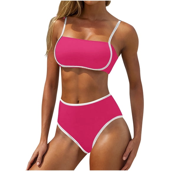 Hot Pink Match Micro Bikini Sets for Ladies Spaghetti Strap Graphic Sexy High Leg Triangle Two Piece Slit Plain Swimwear Micro Bikini Tankini Set Juniors 2025 Clothing L